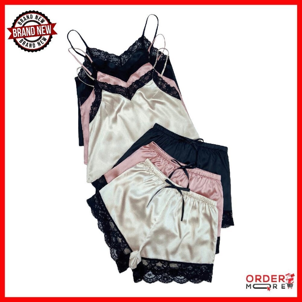Silk Satin Pajama Set Sleeveless V Neck Cami Crop Top Shorts Sleepwear